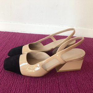 Mercedes Castillo Patent Leather Beige/Black Suede Pumps 6.5 Excellent Condition